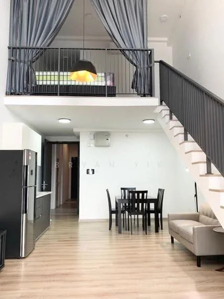 Living features: laminate flooring, white painted walls, sofa in beige, 4-seater dining table, black dining chairs, stainless-steel fridge, staircase with white steps, recessed ceiling lights, large window with curtains, open layout to upper level; style: modern. Room features: grey curtains, balcony railing, light fixture hanging from ceiling.