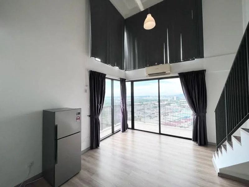 Living features: floor-to-ceiling windows, sliding glass door, grey curtains, light wood laminate flooring, 1 wall-mounted split AC, pendant light, high ceiling, refrigerator; style: modern; view: city.