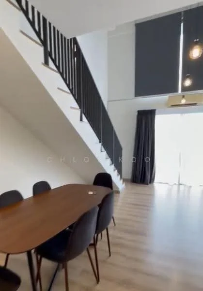 Dining features: wooden dining table, black dining chairs, large windows with sheer curtains, light wood flooring, staircase with black railing, recessed downlights, pendant lights, air conditioning unit; style: modern.