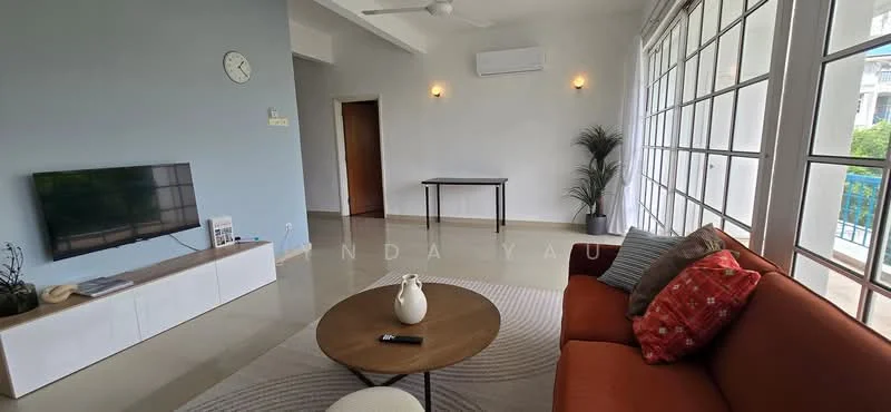 Living features: 3-seater fabric sofa in orange, coffee table, wall-mounted TV, white TV console, ceiling fan, large windows with grid pattern, light grey painted walls, marble tile flooring, decorative plant in corner, clock on wall, side table; style: modern; view: garden.