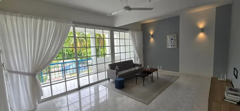 Living features: white painted walls, light grey accent wall, glossy tile flooring, 5-blade ceiling fan, floor-to-ceiling sliding glass doors, sheer curtains, sofa in light grey, blue side table, area rug with neutral color, wall-mounted TV console, decorative wall lights; style: modern; view: pool.