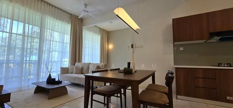 Dining features: wooden dining table, 4 wooden dining chairs, pendant light fixture, floor-to-ceiling windows, sheer curtains, light-colored walls, cream-colored flooring, ceiling fan, sofa in light fabric, decorative vase on table; style: modern; view: garden. Living features: sofa in light fabric, coffee table, floor-to-ceiling windows, sheer curtains; style: modern; view: garden. Kitchen features: wood cabinetry, countertop, built-in stove, kitchen sink, open layout; style: modern.