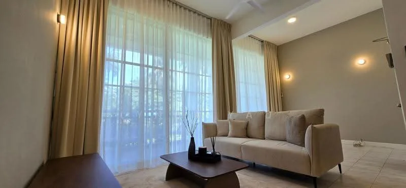Living features: beige fabric sofa, wooden coffee table, floor-to-ceiling windows, sheer curtains, recessed downlights, light-coloured walls, tile flooring, decorative vase with branches; style: modern; view: garden.