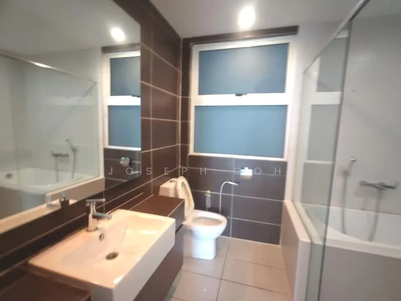 Bathroom features: single-sink vanity with white cabinet, chrome basin mixer, framed mirror, two-piece toilet, walk-in shower with glass enclosure, bathtub, tile cladding on walls, ceramic tile flooring, recessed downlights; style: modern.