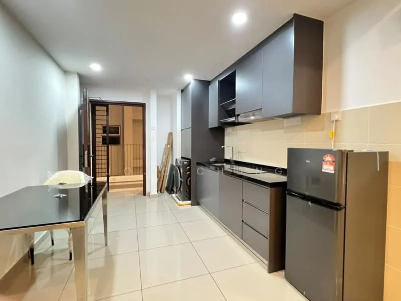 Kitchen features: grey cabinetry, black refrigerator, built-in oven, 4-burner gas hob, stainless-steel sink, chrome pull-down faucet, white tiled backsplash, ceramic tile flooring, recessed downlights, dining table, open layout, wall-mounted cabinets, countertop space; style: modern.