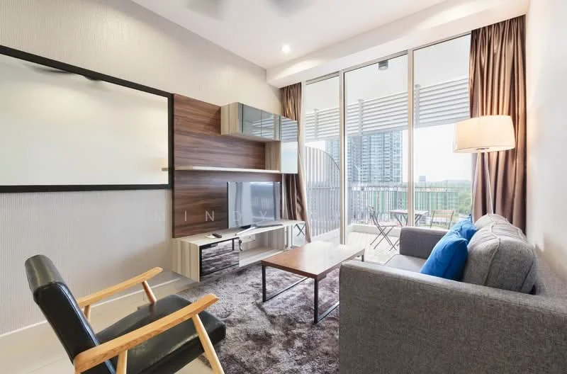 Living features: grey fabric sofa, wooden coffee table, 3-blade ceiling fan, wall-mounted TV, wooden TV console, decorative wall mirror, floor-to-ceiling windows, sheer curtains, carpet flooring, accent wall with wood paneling, side chair with wooden arms, balcony view; style: modern; view: city.