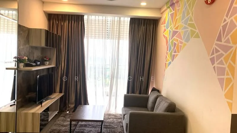 Living features: grey fabric sofa, wooden coffee table, wall-mounted TV, floating TV console, decorative wall with geometric pattern, floor-to-ceiling windows, sheer curtains, dark brown curtains, carpet flooring, recessed ceiling lights; style: modern; view: city.