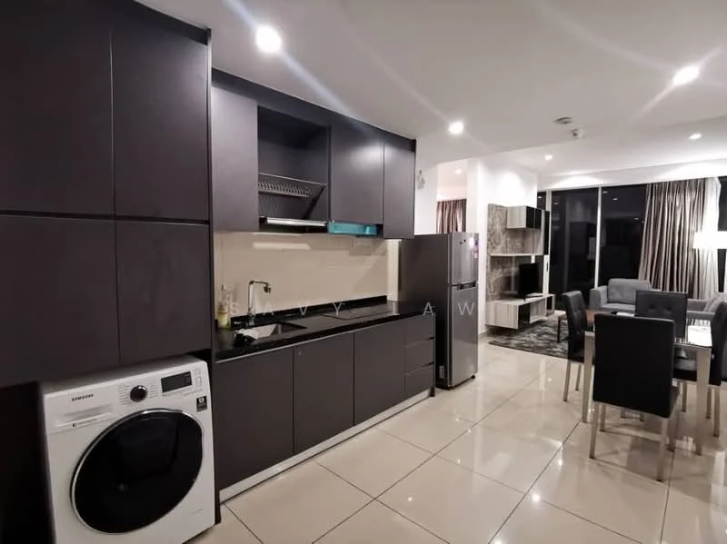 Kitchen features: black cabinetry, white backsplash, stainless-steel sink, chrome pull-down faucet, built-in oven, freestanding range oven, stainless-steel fridge, front-load washing machine, ceramic tile flooring, recessed downlights, open shelving, dining table with chairs, grey upholstered chairs, floor-to-ceiling windows, curtains; style: modern; view: city.