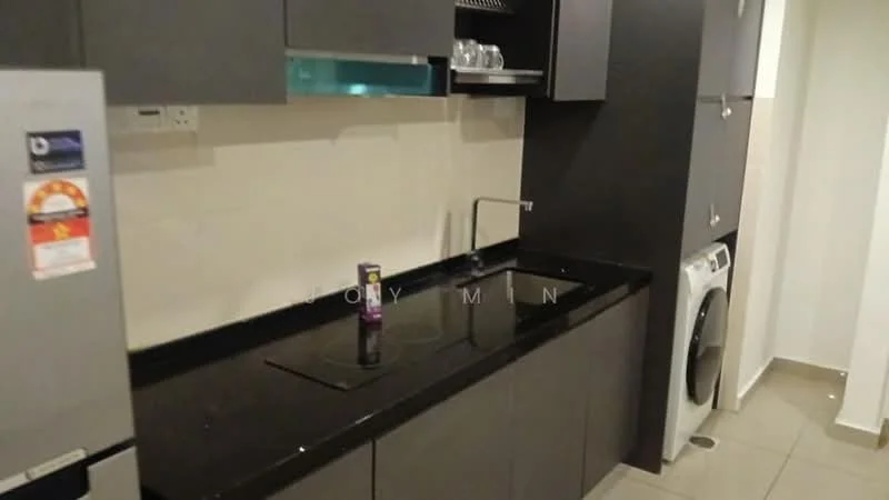 Kitchen features: black granite countertop, single-bowl stainless-steel sink, chrome pull-down faucet, built-in electric cooktop, stainless-steel fridge, built-in oven, upper cabinets in dark finish, lower cabinets in dark finish, washing machine, ceramic tile flooring, white painted walls, recessed downlights; style: modern.