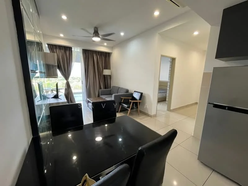 Living features: grey fabric sofa, ceiling fan with light, floor-to-ceiling windows, curtains, dining table with black surface, black dining chairs, tile flooring, refrigerator, wall-mounted TV, decorative wall mirror; style: modern; view: city. Room features: white painted walls, recessed lighting.