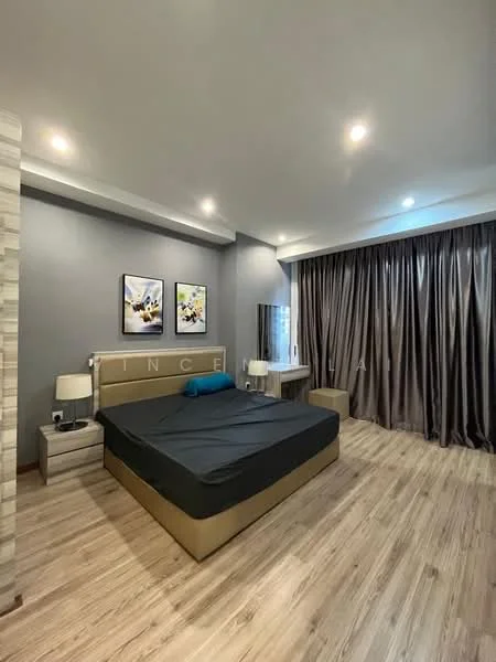 Bedroom features: queen-size bed, upholstered headboard, two bedside tables, table lamps, framed artwork on walls, grey painted walls, wooden flooring, floor-to-ceiling curtains, mirror on dresser, recessed lighting; style: modern.
