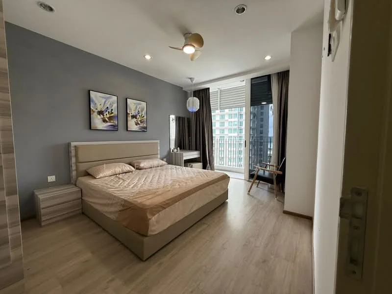 Bedroom features: king-size bed with beige bedding, upholstered headboard, 2 bedside tables, ceiling fan with light, floor-to-ceiling windows, curtains, wooden flooring, wall-mounted artwork, chair, desk, natural light from window; style: modern; view: city.