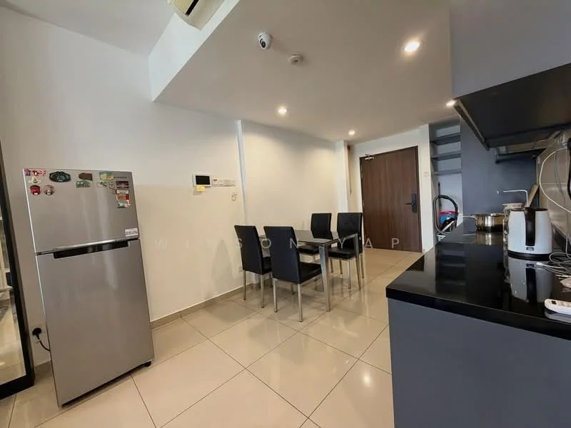 Kitchen features: stainless-steel fridge, black granite countertop, grey cabinetry, ceramic tile flooring, recessed downlights, kitchen sink, built-in stove, four dining chairs; style: modern.
