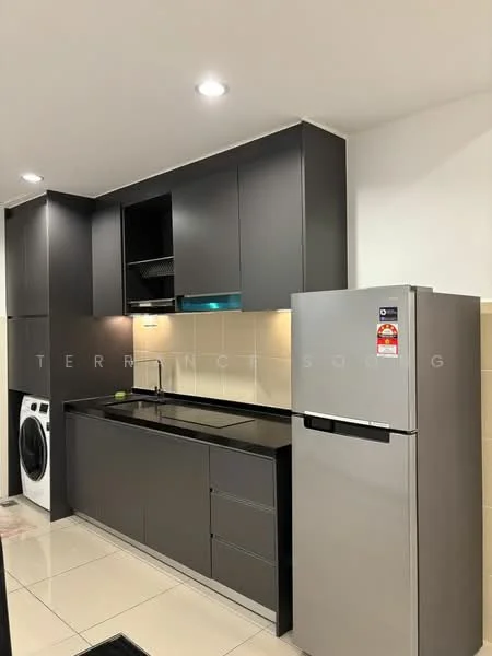 Kitchen features: black cabinetry, stainless-steel fridge, built-in oven, black countertop, white backsplash, single-bowl stainless-steel sink, chrome pull-down faucet, washing machine, recessed downlights, ceramic tile flooring; style: modern.