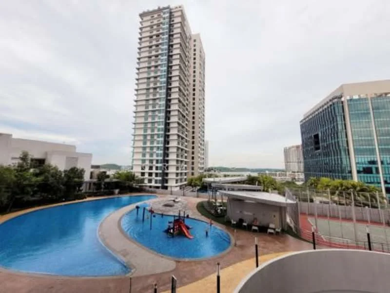 Exterior type: high-rise condominium; features: swimming pool with water slide, pool deck with loungers, surrounding landscaped gardens, tennis court, basketball court, modern glass facade, multiple storeys, children's playground, outdoor gym area; style: modern.