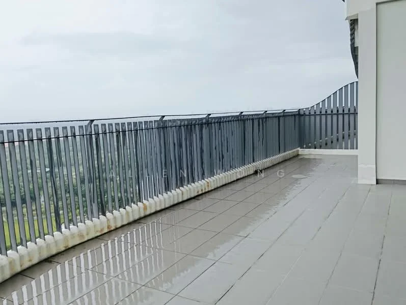 Exterior features: large balcony, metal railing, grey tiled flooring, water puddles on floor, open view, surrounded by greenery; style: modern.