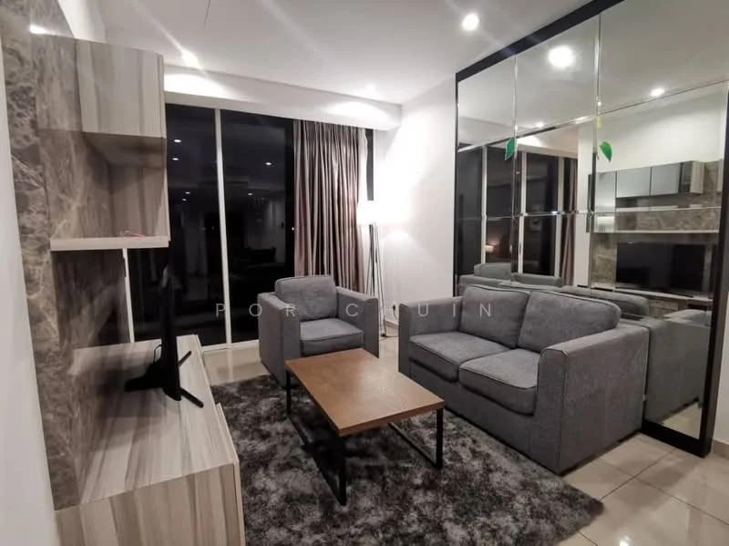 Living features: grey fabric 3-seater sofa, grey fabric 2-seater sofa, wood coffee table, area rug with geometric pattern, TV console, wall-mounted TV, mirrored wall, floor-to-ceiling windows with sheer curtains, recessed downlights, laminate flooring, decorative wall paneling; style: modern; view: city.