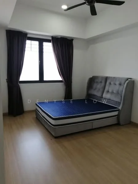 Bedroom features: queen-size bed, upholstered headboard, wooden flooring, white painted walls, ceiling fan, window with black frame, dark curtains, light fixture in ceiling; style: modern.