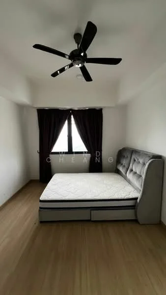 Bedroom features: queen-size bed, upholstered headboard, 5-blade ceiling fan, dark curtains, floor-to-ceiling window, light wood flooring, white painted walls, no visible decor; style: modern.