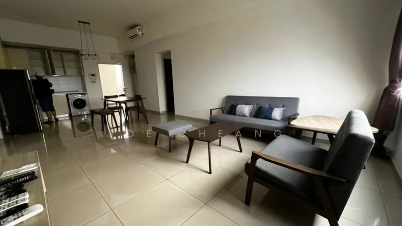 Living features: grey fabric 3-seater sofa, grey fabric 2-seater sofa, wooden coffee table, wooden side table, floor-to-ceiling windows, cream painted walls, glossy tile flooring, recessed downlights, wall-mounted split AC, curtains, open layout to kitchen, decorative wall art; style: modern. Kitchen features: white cabinetry, stainless-steel fridge, built-in oven, washing machine, countertop, open layout to living area; style: modern.