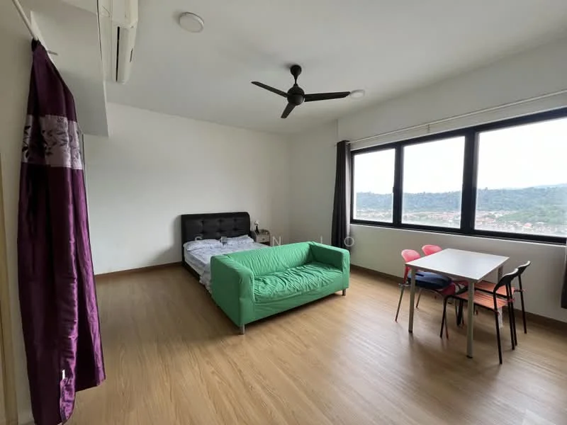 Room features: green fabric sofa, double bed with black upholstered headboard, 4-seater dining table with chairs, wooden flooring, floor-to-ceiling windows, mountain view, 1 ceiling fan, air conditioning unit, purple curtain; style: modern; view: mountain.