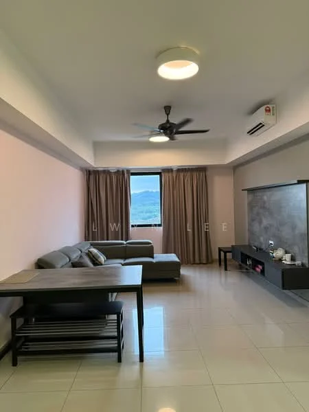 Living features: 3-seater fabric sofa in grey, L-shape sectional sofa, coffee table, wall-mounted TV, TV console, area rug, 5-blade ceiling fan with light, recessed downlights, floor-to-ceiling windows, curtains, glossy tile flooring, neutral painted walls; style: modern; view: mountain.