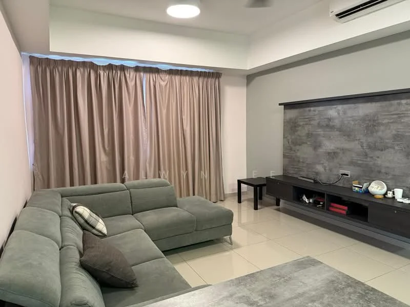 Living features: L-shape sectional sofa in grey, coffee table, TV console, wall-mounted TV, decorative items on console, cream curtains, recessed ceiling light, wall with grey accent finish, glossy tile flooring, air conditioning unit; style: modern.