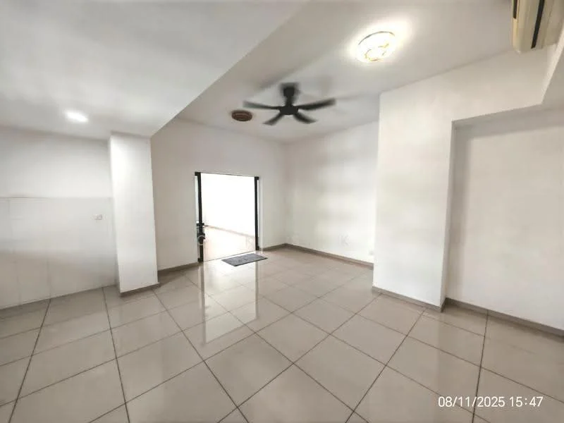 Room features: white painted walls, tile flooring, 5-blade ceiling fan, recessed ceiling lights, floor-to-ceiling glass door, door mat at entrance, corner wall with no visible features, air conditioning unit on wall; style: modern.