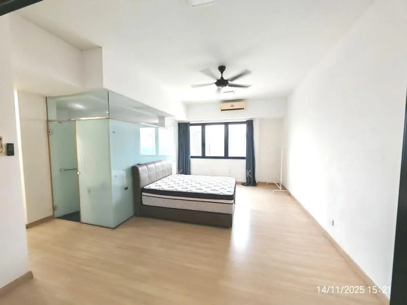 Bedroom features: queen-size bed, upholstered headboard, 5-blade ceiling fan with light, floor-to-ceiling windows, light-colored walls, laminate flooring, curtains, built-in wardrobe, air conditioning unit; style: modern.