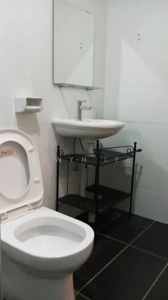 Bathroom features: white ceramic toilet, single-sink vanity with round basin, chrome faucet, black metal shelving unit, mirror above sink, white tiled walls, black tile flooring, wall-mounted soap dispenser; style: modern.