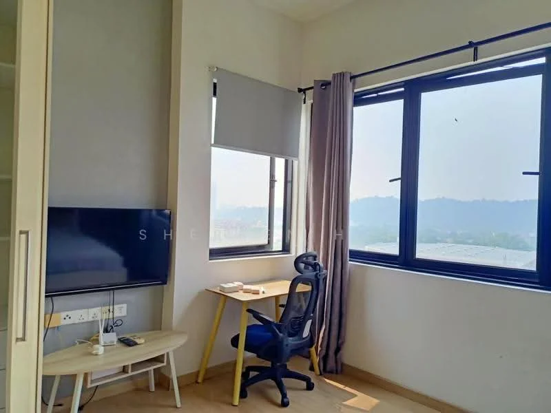 Room features: large window with mountain view, grey roller blinds, light wood flooring, wall-mounted TV, small wooden table, black office chair, neutral painted walls, desk lamp; style: modern; view: mountain.