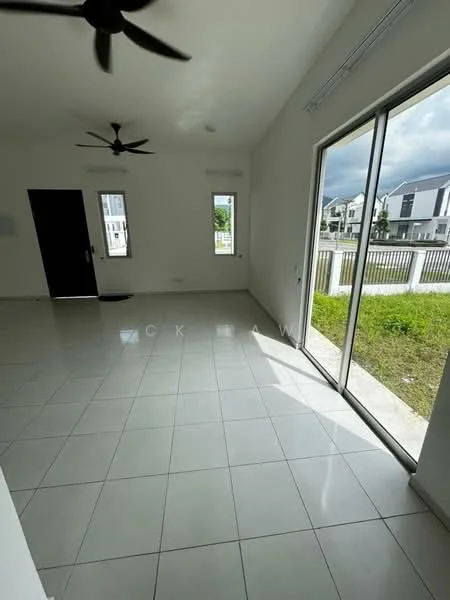 Room features: white painted walls, glossy ceramic tile flooring, 2 ceiling fans, floor-to-ceiling sliding glass door, large windows, natural light, view of exterior grass area, minimalist decor; style: modern; view: garden.