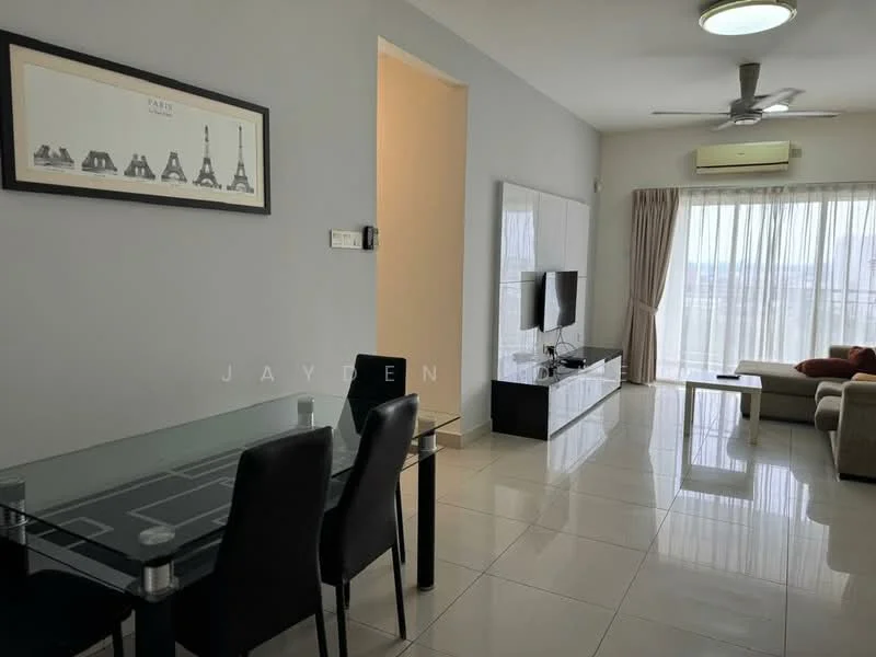 Living features: white painted walls, glossy tile flooring, 5-blade ceiling fan with light, floor-to-ceiling windows, sheer curtains, wall-mounted TV, white TV console, sofa in beige, coffee table, decorative artwork on wall, dining table with black chairs; style: modern; view: city.