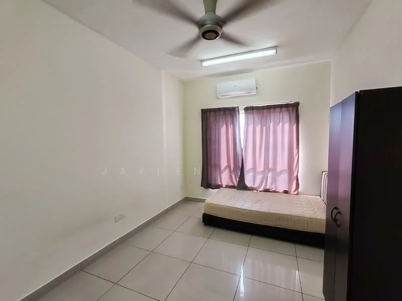Bedroom features: white painted walls, tile flooring, ceiling fan, window with sheer curtains, double bed frame without mattress, built-in wardrobe, air conditioning unit, light fixture.
