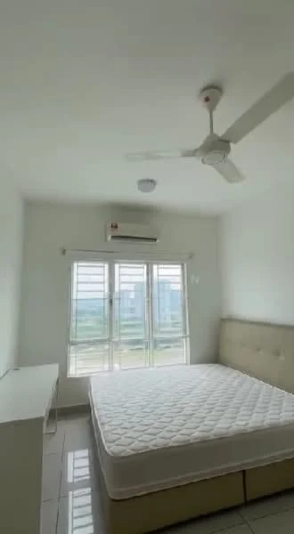 Bedroom features: white painted walls, tile flooring, 5-blade ceiling fan, wall-mounted split AC, large windows with white frames, queen-size bed with beige upholstered headboard, bedside table, natural light from windows; style: modern; view: garden.
