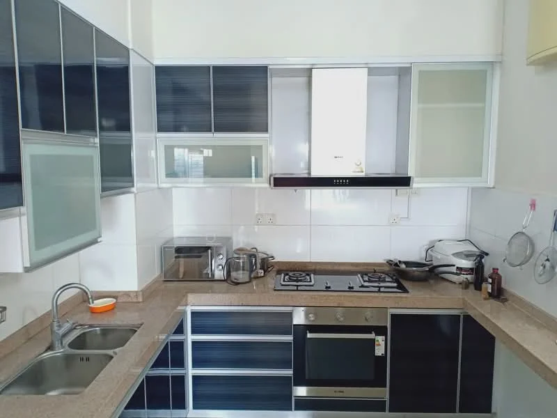 Kitchen features: double-bowl stainless-steel sink, chrome pull-down faucet, granite countertop, black cabinetry with glass panels, built-in oven, 4-burner gas hob, microwave, stainless-steel range hood, white tiled backsplash, wall-mounted cabinets, kitchen utensils on wall hooks, ceramic tile flooring; style: modern.