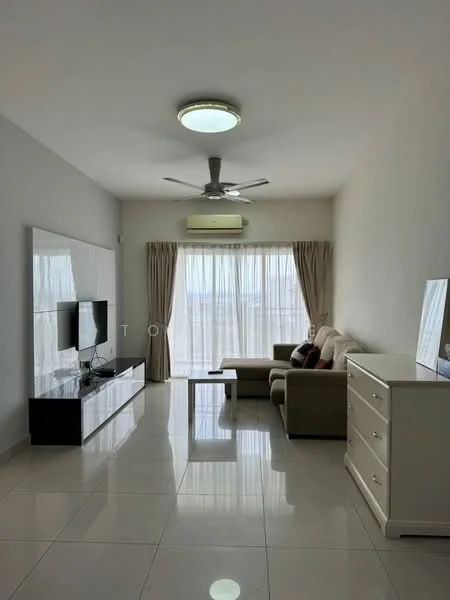 Living features: cream painted walls, white ceiling, recessed ceiling lights, 5-blade ceiling fan, large floor-to-ceiling windows, sheer curtains, light-colored sofa, decorative cushions, black TV console, wall-mounted TV, coffee table, white dresser, glossy tile flooring; style: modern; view: city.
