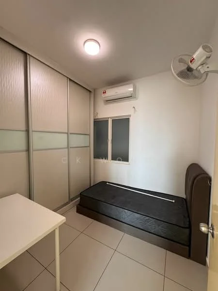 Bedroom features: single bed, upholstered headboard, built-in wardrobe with sliding doors, window with sheer curtains, wall-mounted split AC, ceiling light, white painted walls, tile flooring, study desk; style: modern.
