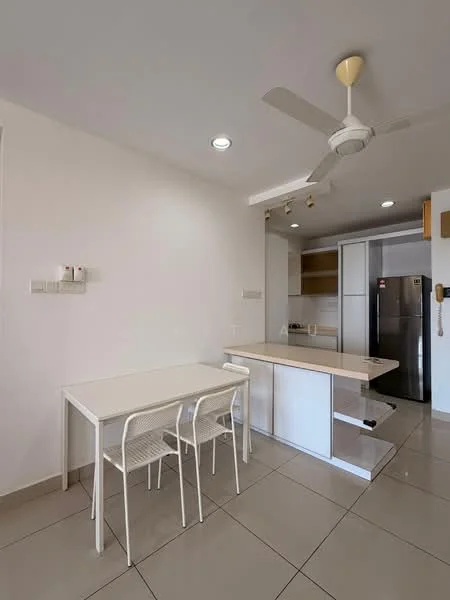 Kitchen features: white painted walls, grey tiled flooring, ceiling fan, recessed downlights, kitchen island with countertop, stainless-steel fridge, open shelving, dining table for two, white chairs; style: modern.