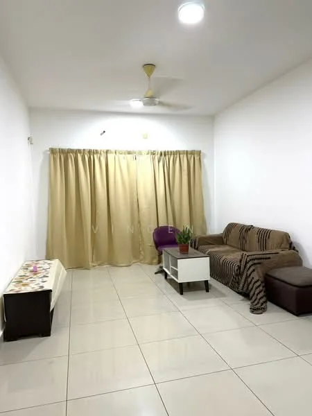 Living features: white painted walls, glossy tile flooring, 5-blade ceiling fan with light, curtains in beige, sofa in brown with striped pattern, coffee table with white legs, decorative plant on coffee table, side table in dark brown, area rug with geometric pattern; style: modern.