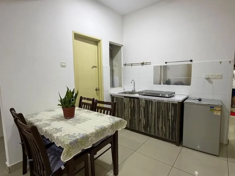 Kitchen features: white painted walls, glossy tile flooring, wooden cabinetry with textured finish, stainless-steel sink, chrome pull-down faucet, built-in stove, refrigerator, dining table with four wooden chairs, tablecloth on dining table, window with sheer curtains; style: modern.
