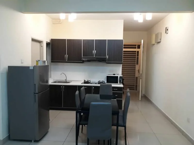 Kitchen features: grey cabinetry, white tiled backsplash, stainless-steel sink, chrome pull-down faucet, built-in gas stove, microwave, stainless-steel fridge, dining table with 4 chairs, recessed ceiling lights, ceramic tile flooring, wall-mounted air conditioning unit; style: modern.