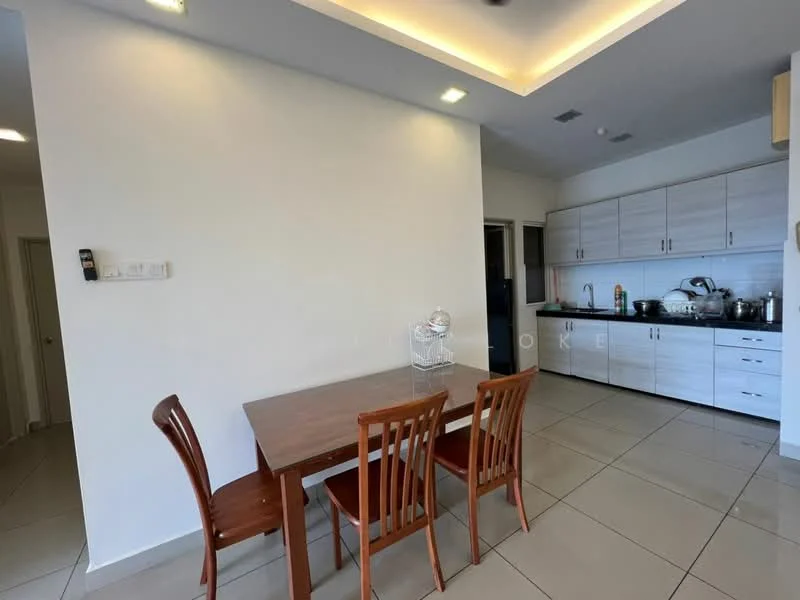 Kitchen features: white painted walls, tile flooring, ceiling with recessed lighting, wooden dining table with four chairs, kitchen cabinets in light wood finish, black countertop, stainless-steel sink, built-in stove, microwave, kettle, multiple cooking pots, dish rack, window above sink; style: modern.