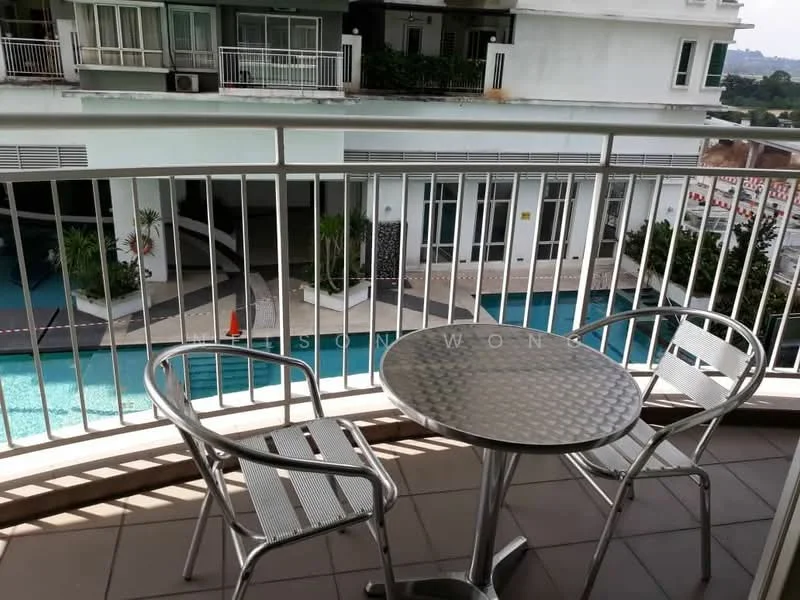 Balcony features: metal railing, round table with metallic surface, two metallic chairs, tiled flooring, view of swimming pool, overhead awning, decorative plants in view; style: modern; view: pool.