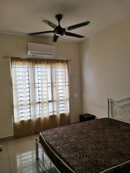 Bedroom features: queen-size bed, upholstered headboard, 2 bedside tables, 5-blade ceiling fan, wall-mounted split AC, floor-to-ceiling windows, sheer curtains, cream painted walls, tile flooring.