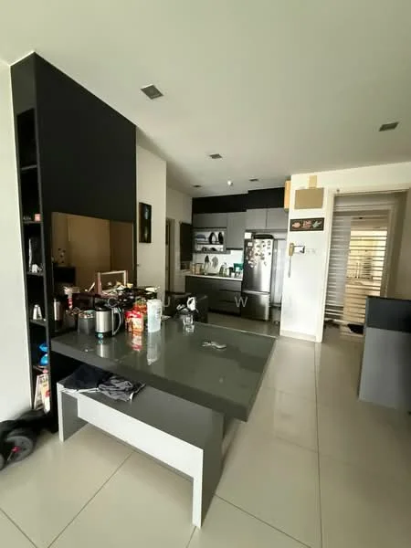 Kitchen features: black cabinetry, grey countertop, stainless-steel fridge, built-in oven, freestanding range oven, microwave, kitchen island with seating, ceramic tile flooring, recessed downlights, open shelving, wall-mounted cabinets, sink, window with blinds; style: modern.