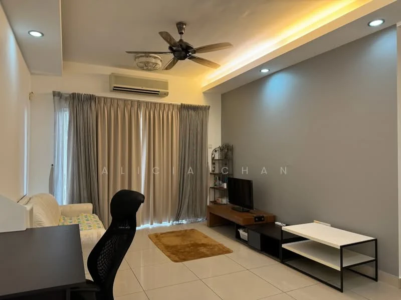 Living features: white painted walls, grey accent wall, tile flooring, 5-blade ceiling fan with light, recessed downlights, floor-to-ceiling curtains, sofa, TV console, wall-mounted TV, coffee table, area rug, desk with chair, air conditioning unit; style: modern.