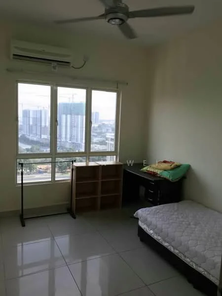 Bedroom features: single bed with mattress, built-in wardrobe, floor-to-ceiling windows, white painted walls, ceramic tile flooring, ceiling fan, air conditioning unit, curtains, view of city skyline; style: modern; view: city.