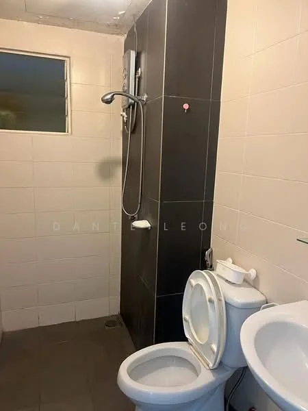 Bathroom features: walk-in shower with glass enclosure, chrome handheld shower, white toilet, single-sink vanity with white cabinet, mirror above sink, grey tile flooring, white tiled walls, window for natural light; style: modern.