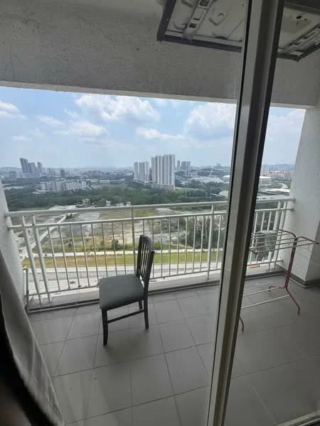 Balcony features: grey tiled flooring, white painted walls, metal railing, city skyline view, single chair, clothes drying rack; view: city.
